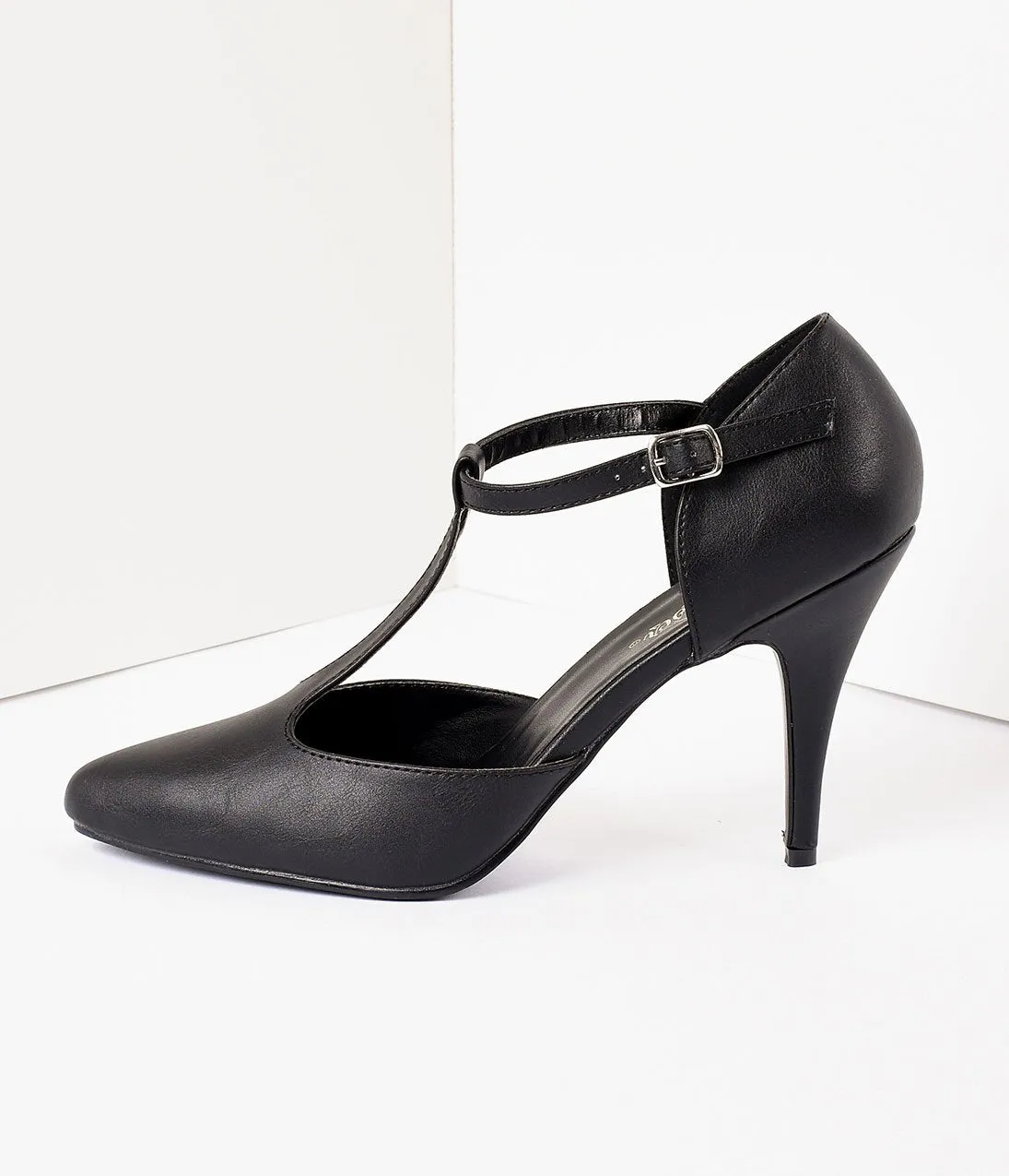 1920s Style Matte Black T-Strap Heels