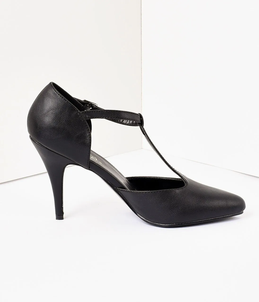 1920s Style Matte Black T-Strap Heels