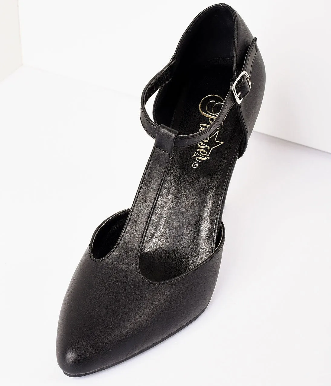 1920s Style Matte Black T-Strap Heels