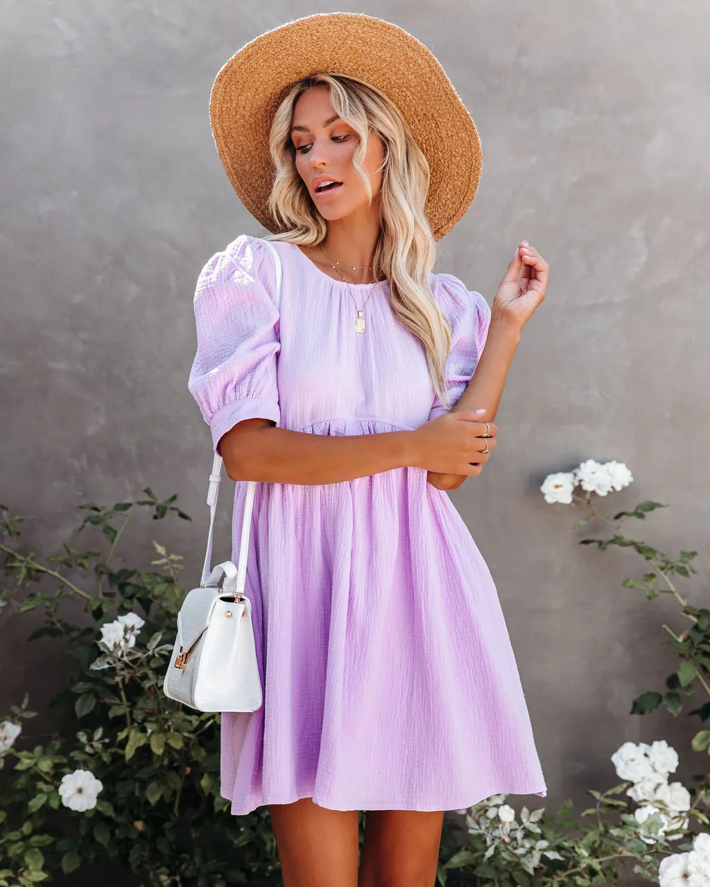 Amber Cotton Pocketed Puff Sleeve Dress - Lavender