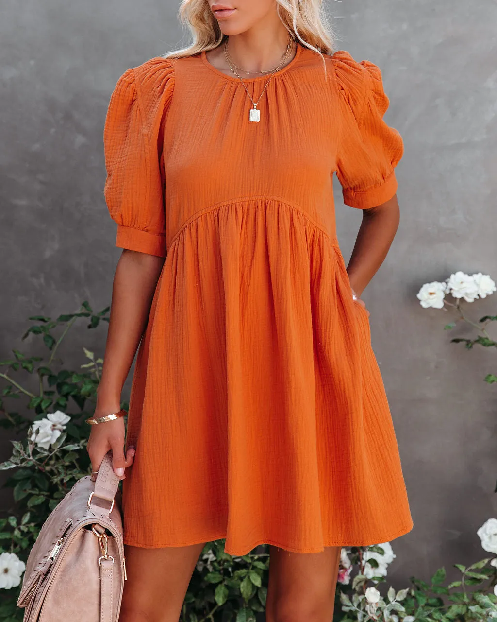 Amber Cotton Pocketed Puff Sleeve Dress - Orange