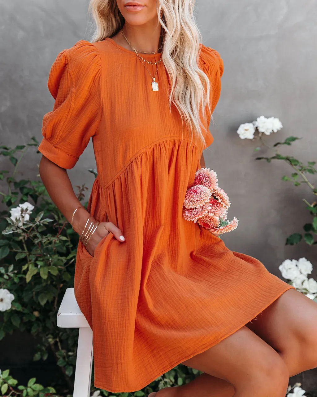 Amber Cotton Pocketed Puff Sleeve Dress - Orange