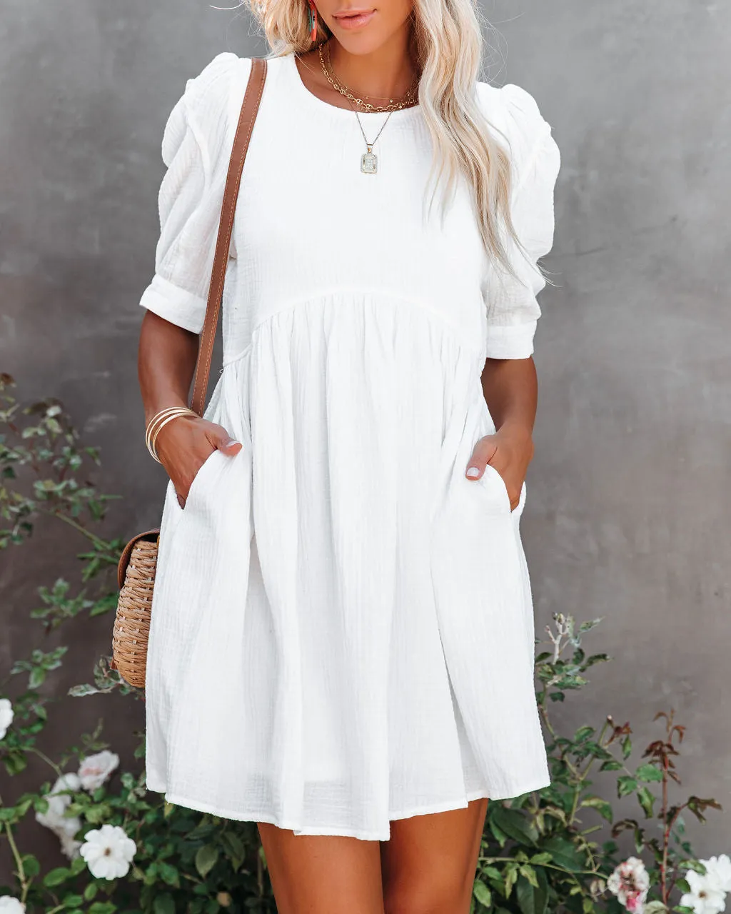 Amber Cotton Pocketed Puff Sleeve Dress - White