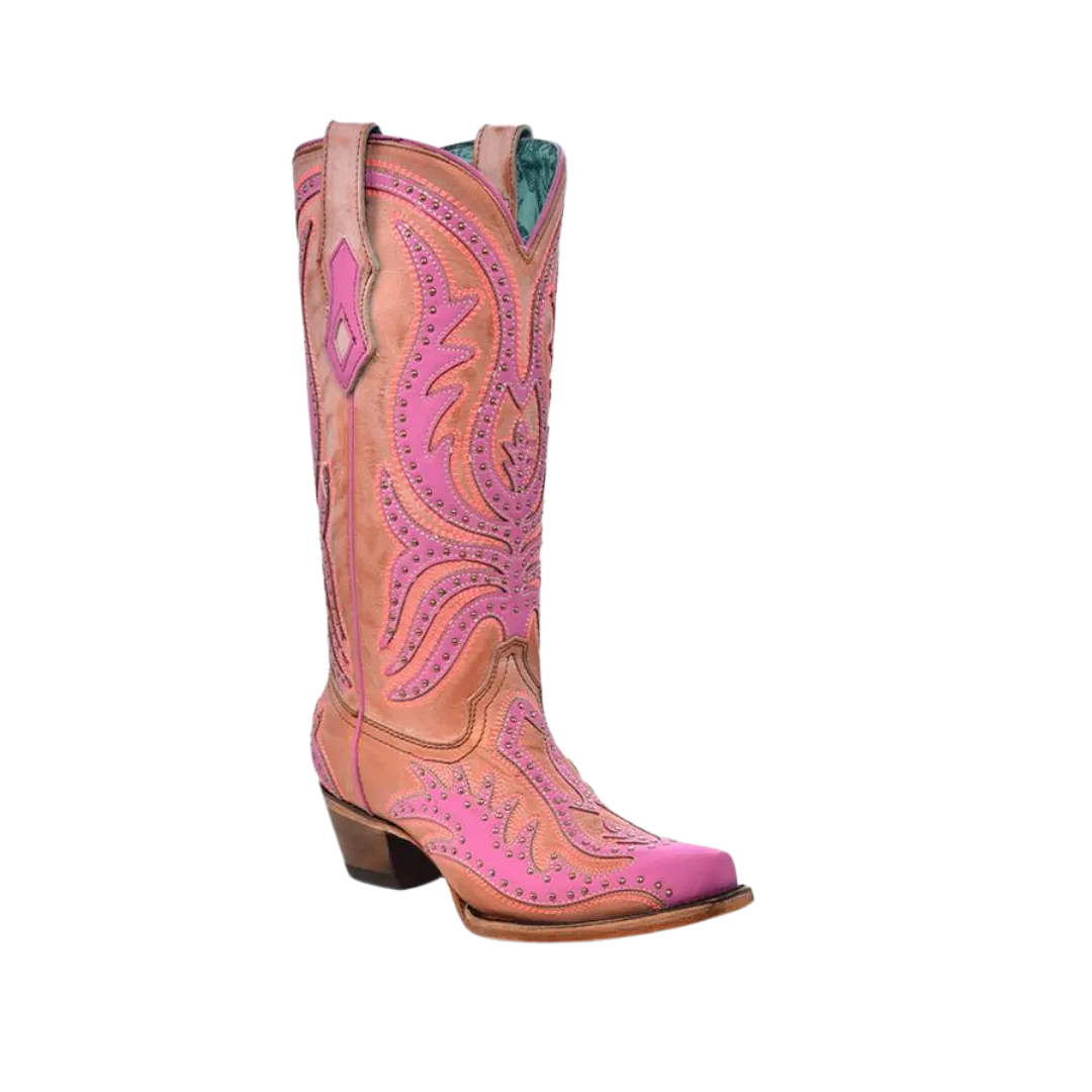 Corral Womens Pink Neon Overlay Fluorescent Embroidery Studs Boot