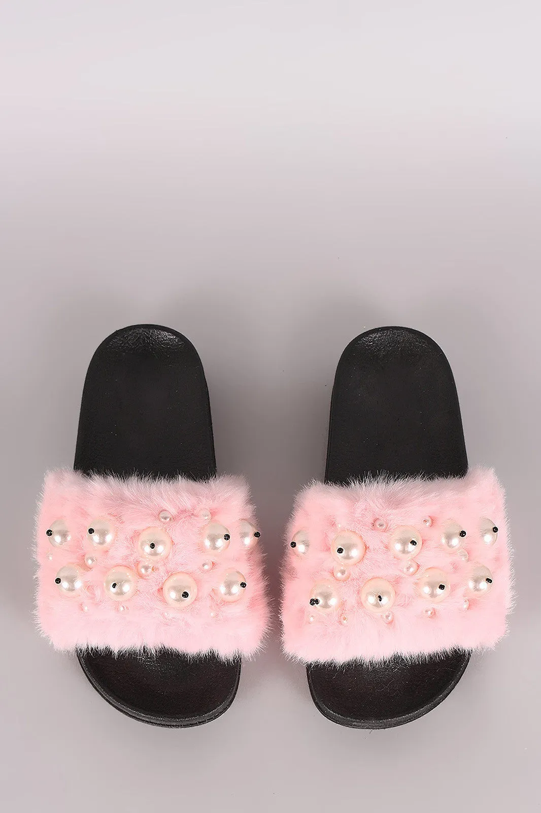 Faux Pearl Embellished Fur Slide Sandal