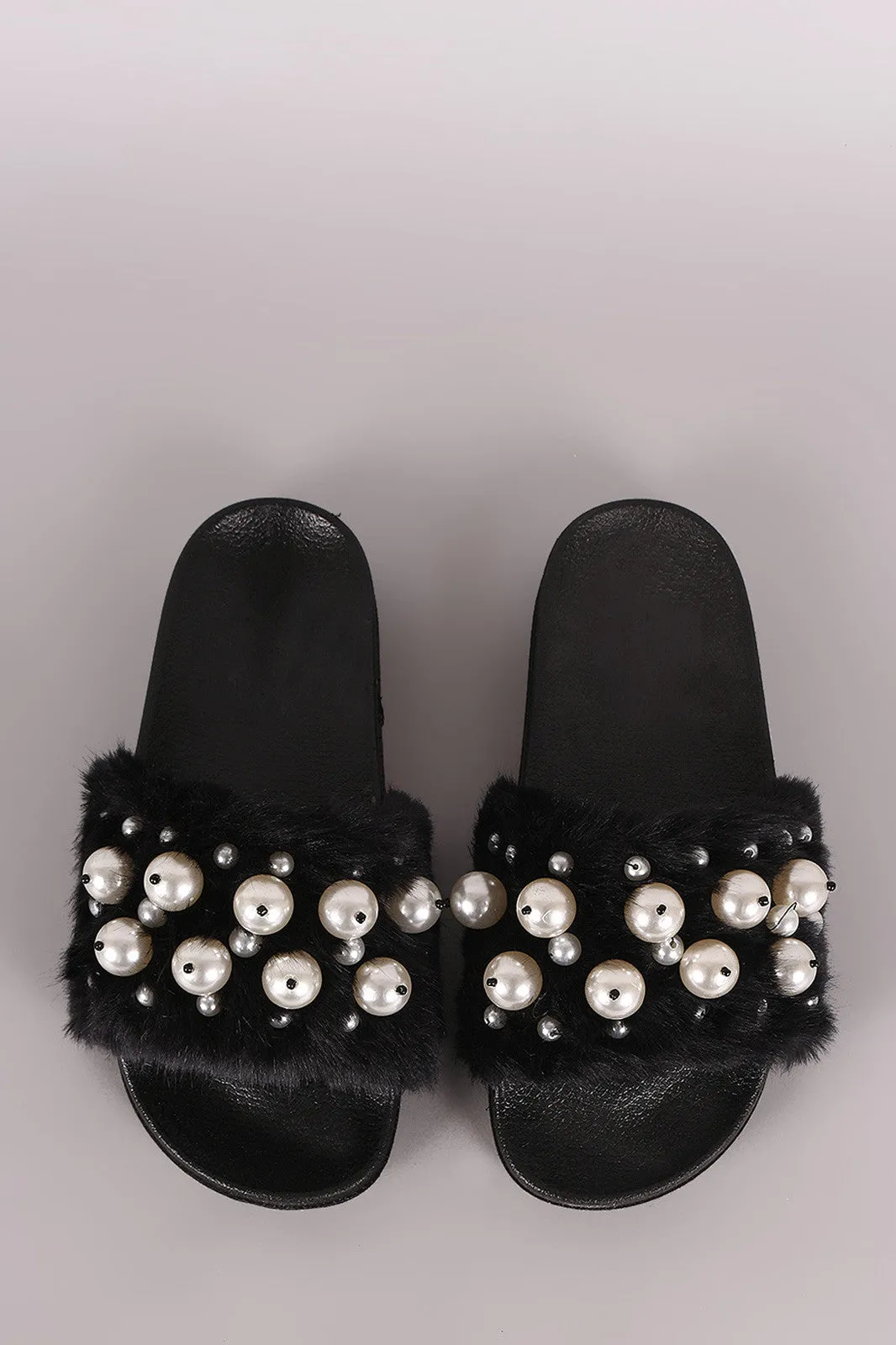 Faux Pearl Embellished Fur Slide Sandal