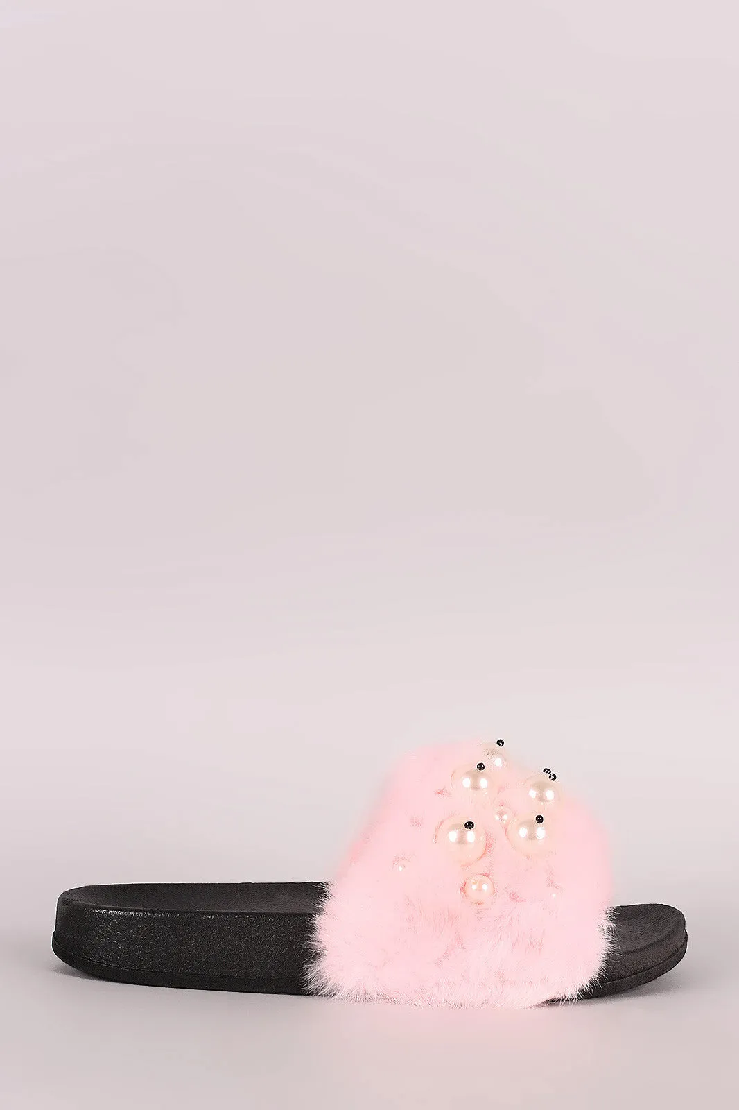 Faux Pearl Embellished Fur Slide Sandal