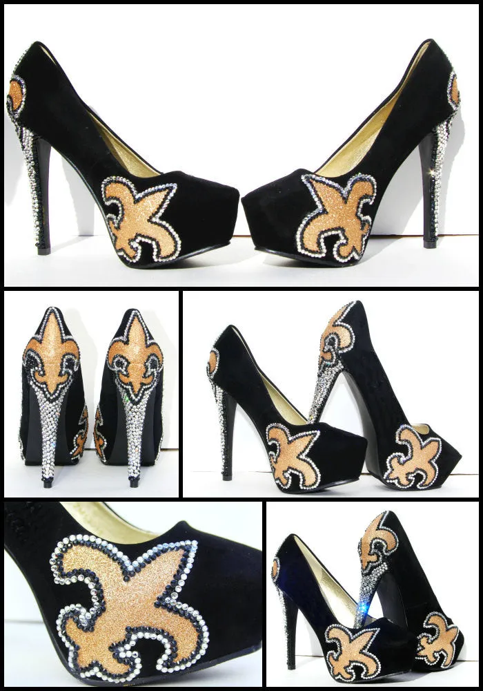 Fleur De Lis Black & Gold Crystal Heels