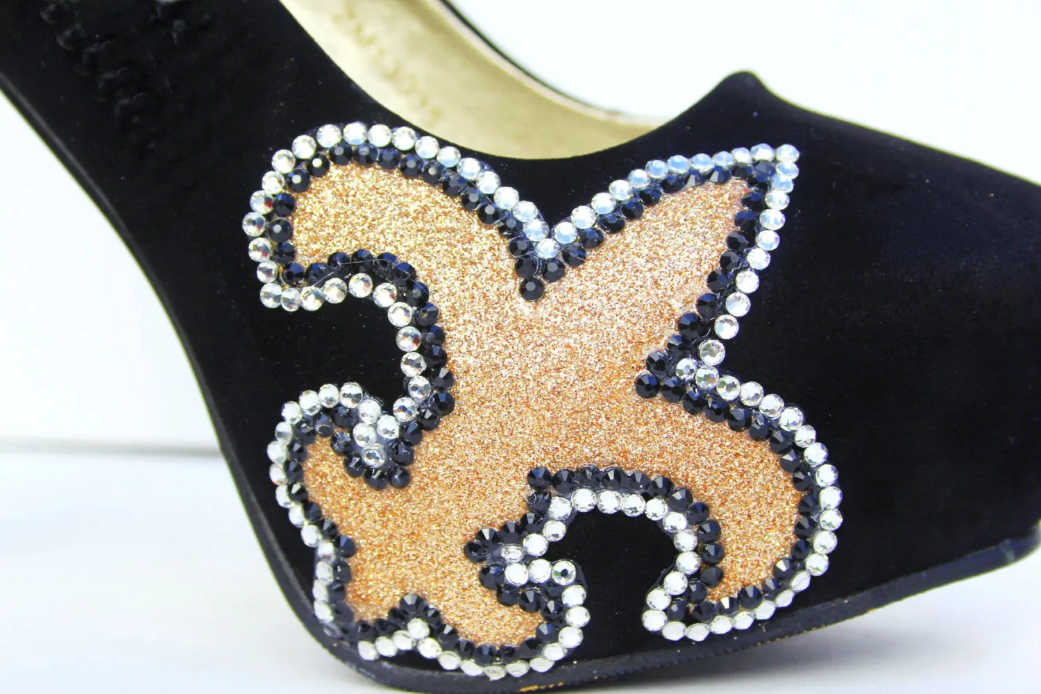 Fleur De Lis Black & Gold Crystal Heels