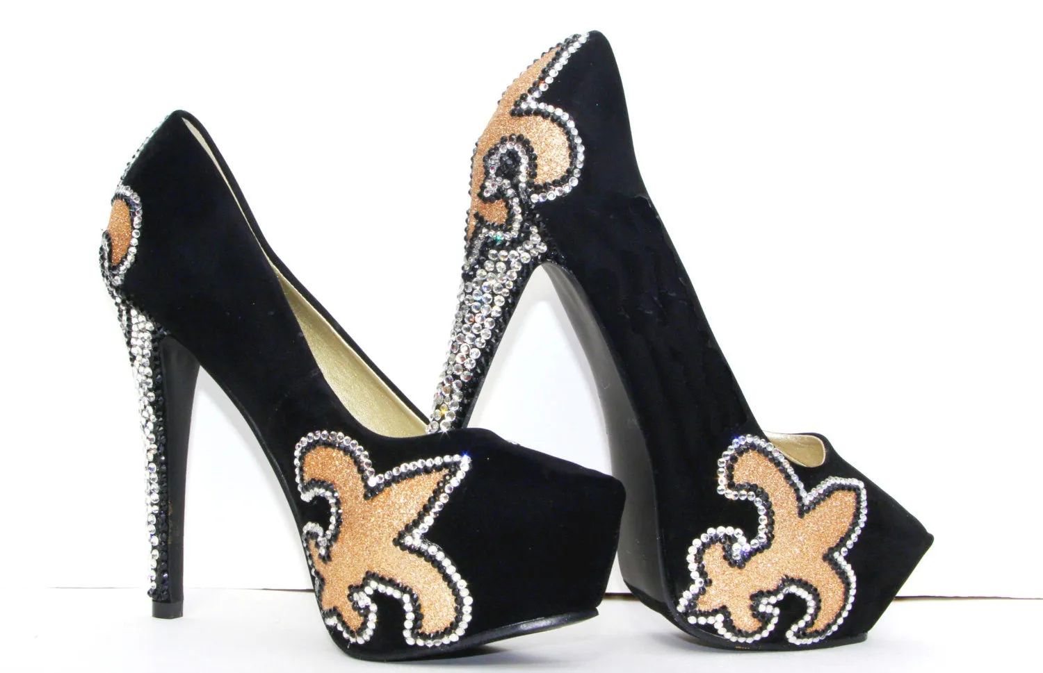 Fleur De Lis Black & Gold Crystal Heels