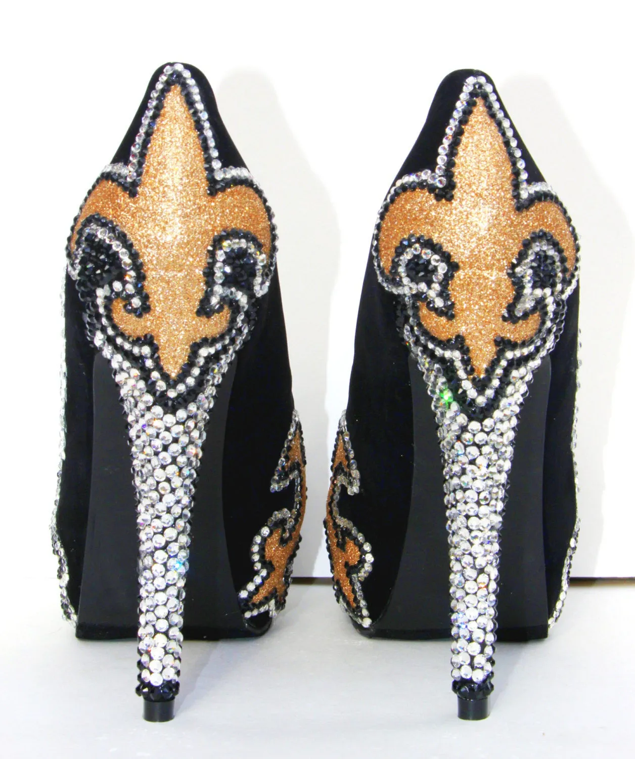 Fleur De Lis Black & Gold Crystal Heels