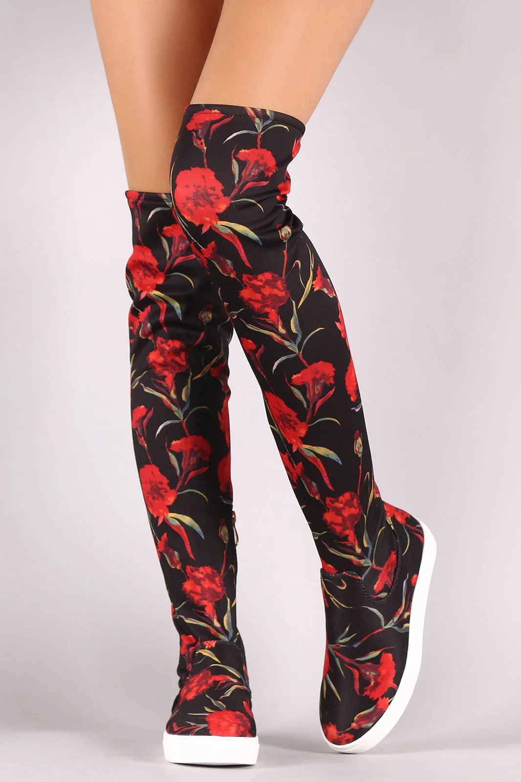 Floral Print Round Toe Over-The-Knee Sneaker Boots