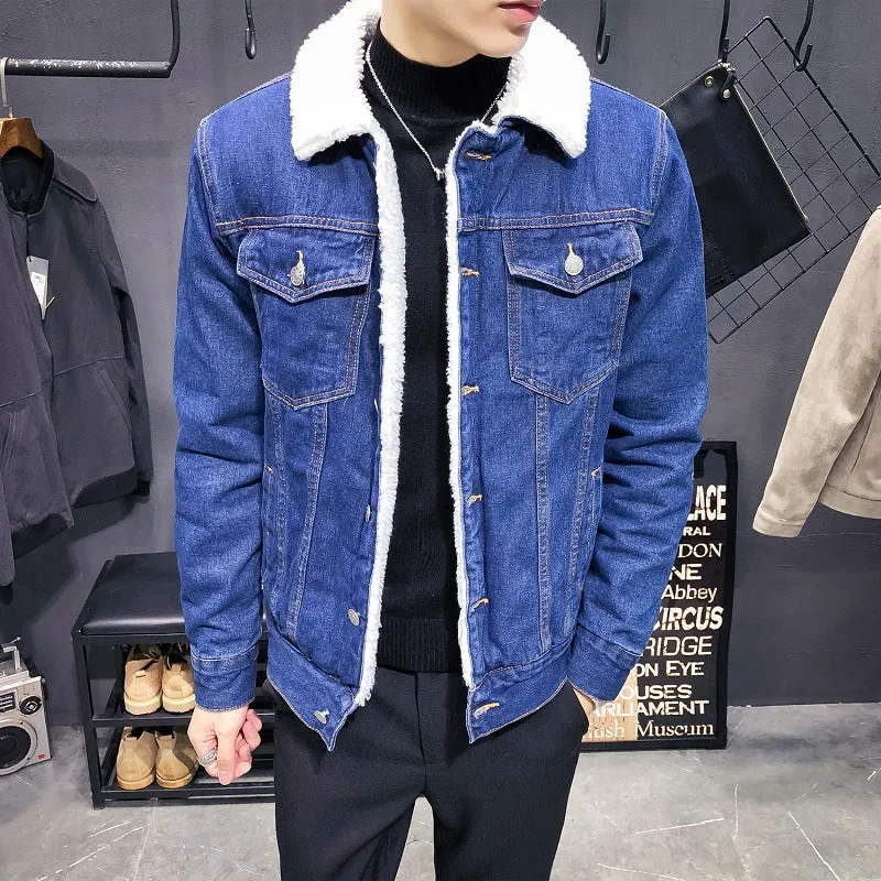 Men's jacket 2022 winter new fleece thickened denim jacket men's lamb wool denim cotton jacket