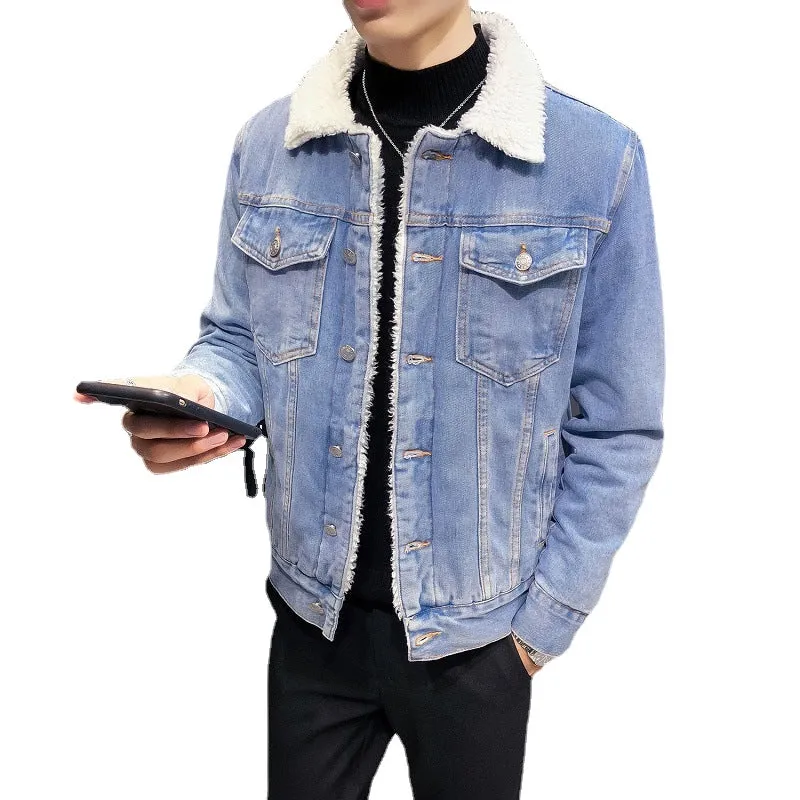 Men's jacket 2022 winter new fleece thickened denim jacket men's lamb wool denim cotton jacket