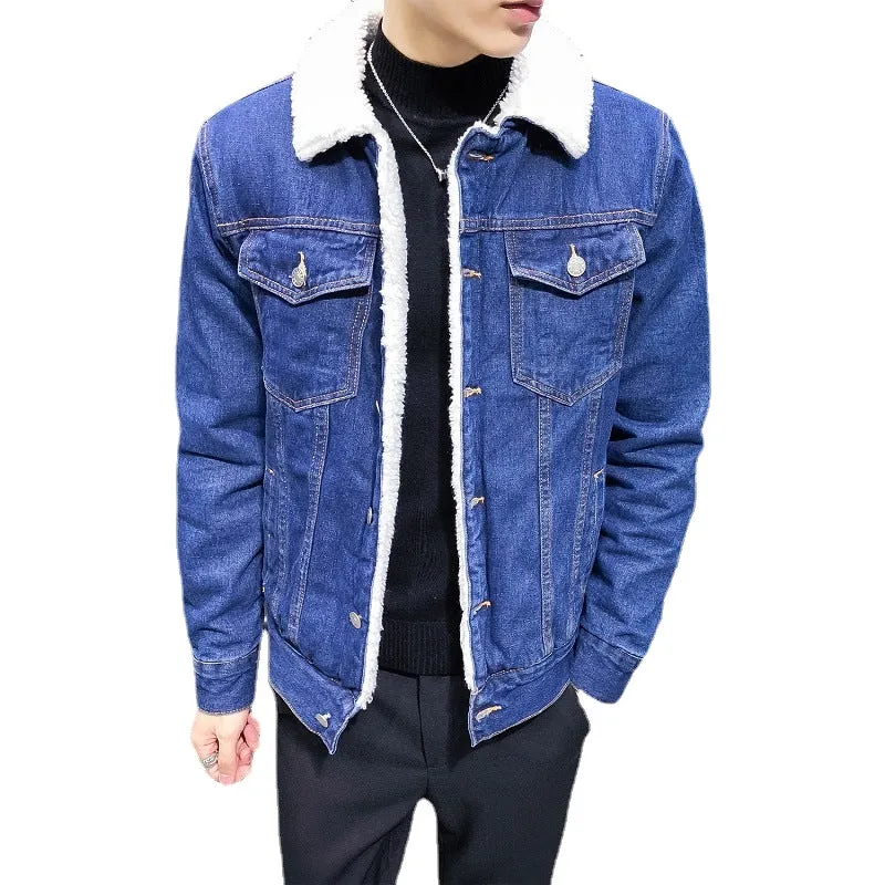 Men's jacket 2022 winter new fleece thickened denim jacket men's lamb wool denim cotton jacket