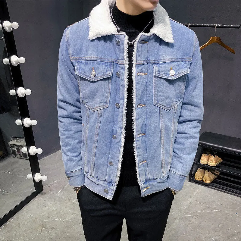 Men's jacket 2022 winter new fleece thickened denim jacket men's lamb wool denim cotton jacket