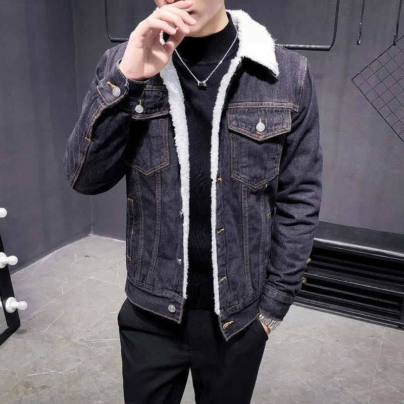 Men's jacket 2022 winter new fleece thickened denim jacket men's lamb wool denim cotton jacket