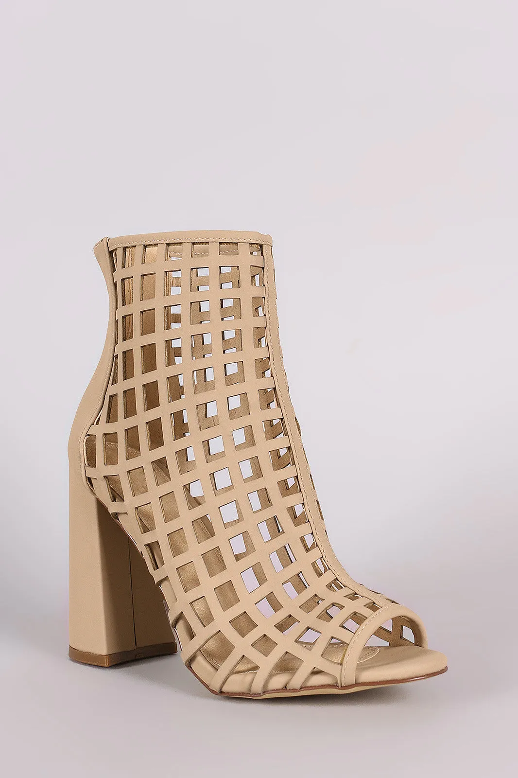 Nevia -  Chunky Heeled Peep Toe Cage Booties