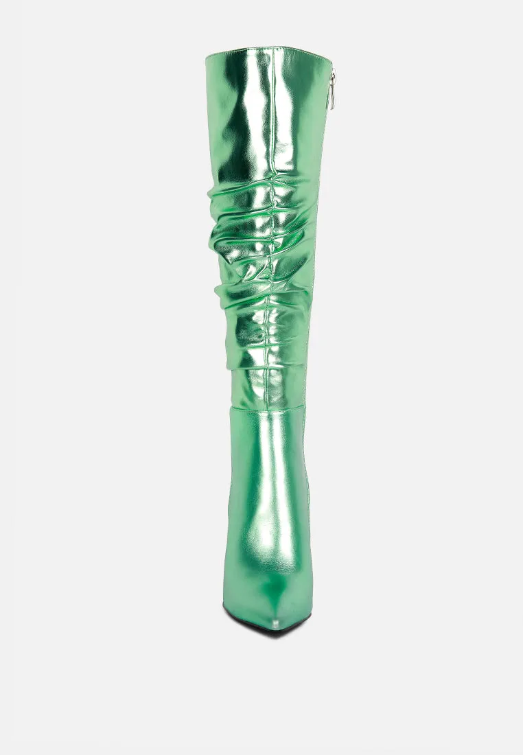 NEW-EXPRESSION Mint Green Metallic Ruched Stiletto Knee Boots