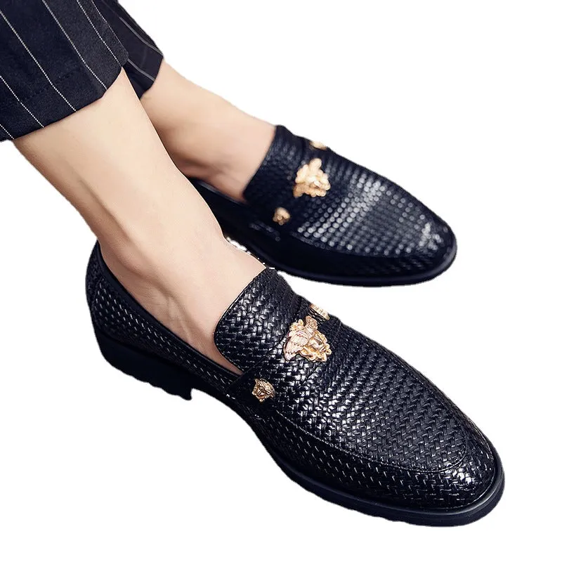 New men's leather shoes Korean version of British woven pointy pedal increased 8cm hair stylist casual shoes