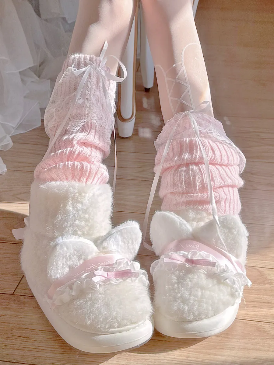 Pinky Cute Winter Plush Pink Bow Cat Ears Lace White Snow Boots Shoes