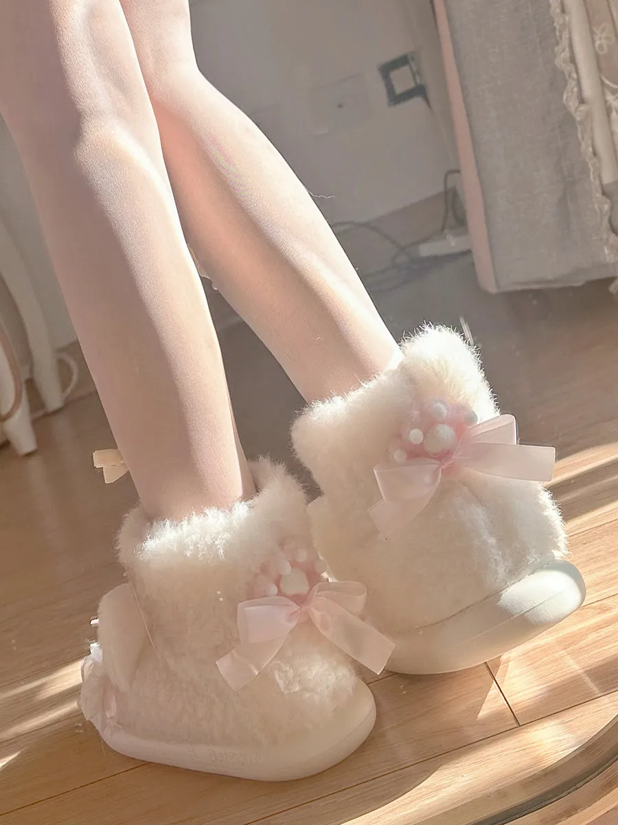 Pinky Cute Winter Plush Pink Bow Cat Ears Lace White Snow Boots Shoes