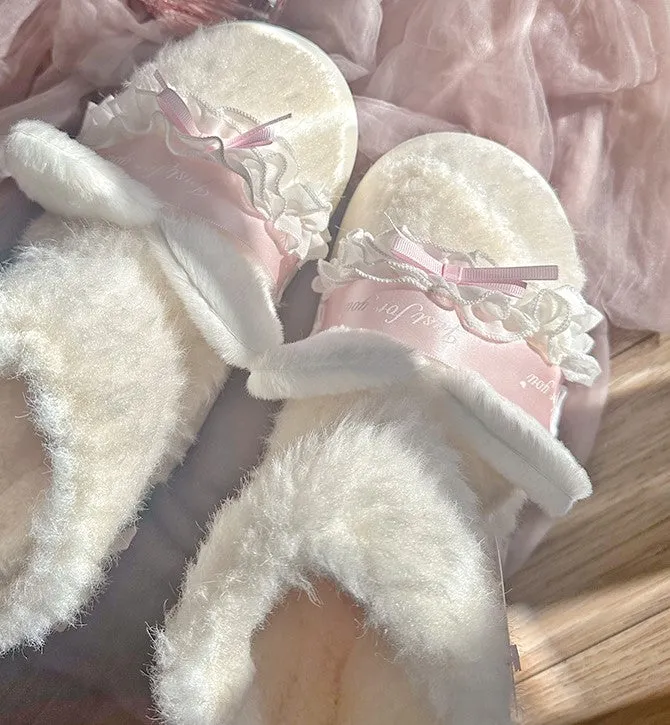 Pinky Cute Winter Plush Pink Bow Cat Ears Lace White Snow Boots Shoes