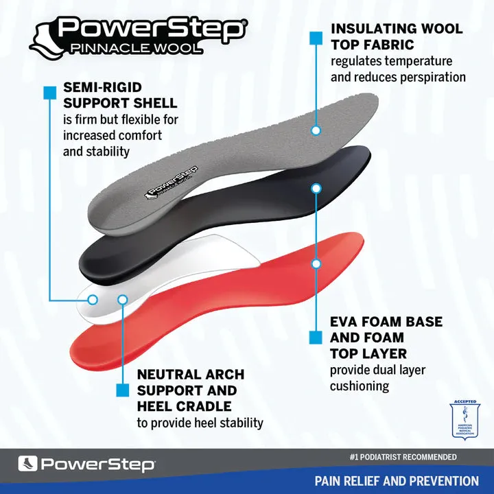 PowerStep Wool Insoles Arch Support Wool Orthotic, Temperature Control Insoles