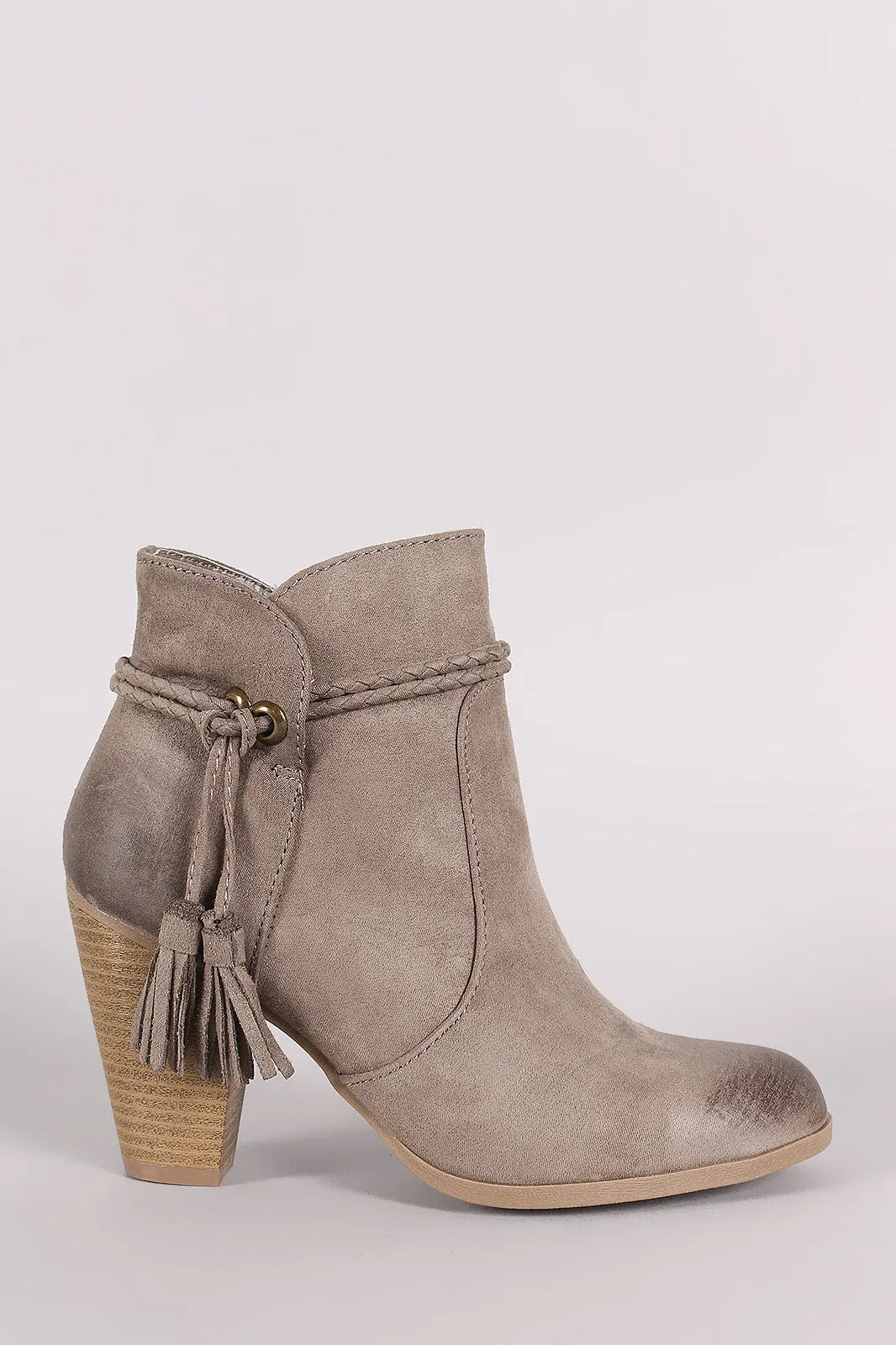 Qupid Burnished Suede Tassel Chunky Heeled Ankle Boots