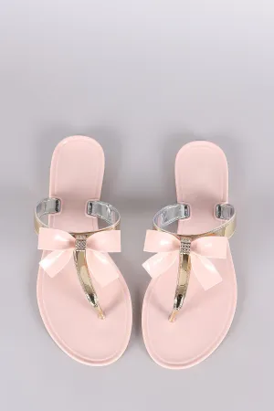 Rhinestone Accent Bow Jelly Thong Flat Sandal