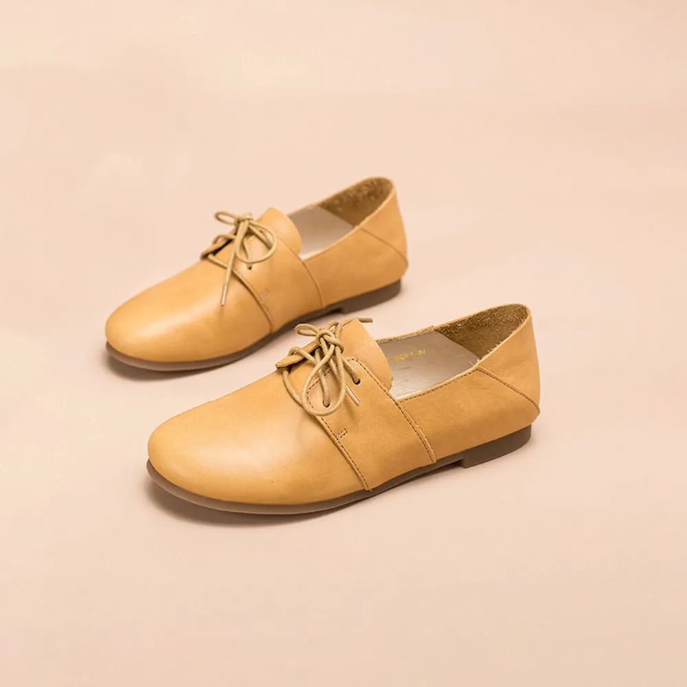 Soft Leather Lace Up Flats Women Yellow/White/Pink