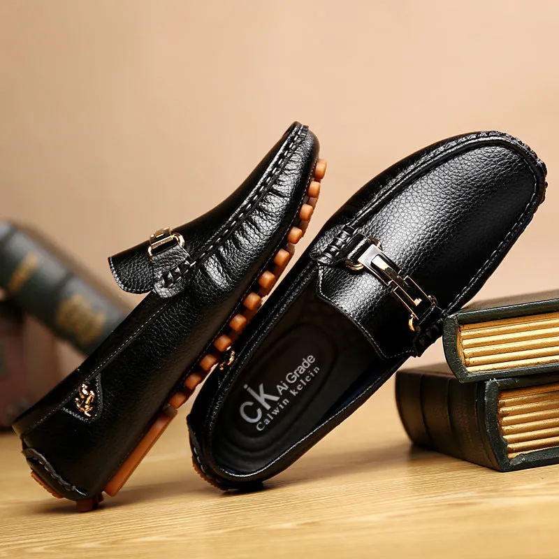 Summer men's shoes, beancurd shoes, driving shoes, low-cut covers, leather surface, metal decoration, British flat-bottomed casual shoes, small leather shoes