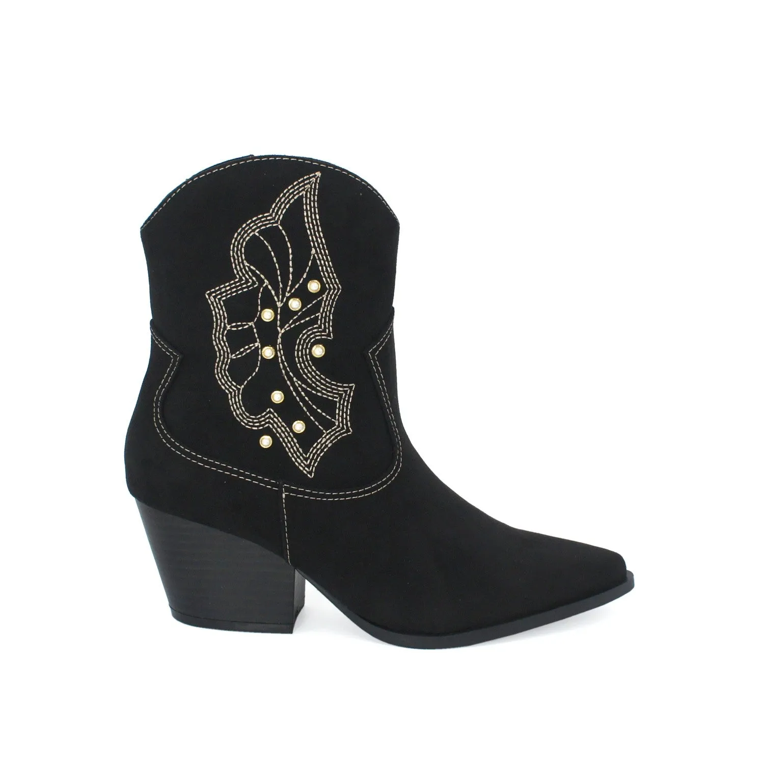 Womens Pearl Chunkly Heel Western Booties - Black