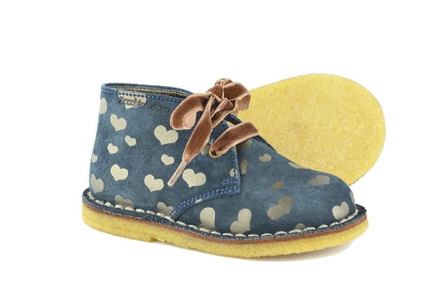 Zecchino d'Oro Girls Navy Suede Desert Boot with Shimmer Dark Bronze Hearts